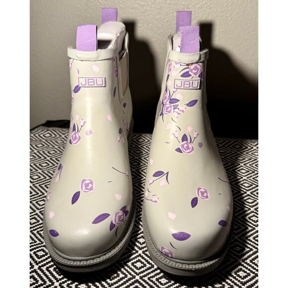 Gray Rubber & Purple JBU by JAMBU Chelsea Floral Pull On Ankle Rain Boots 8.5 M - Picture 2 of 13